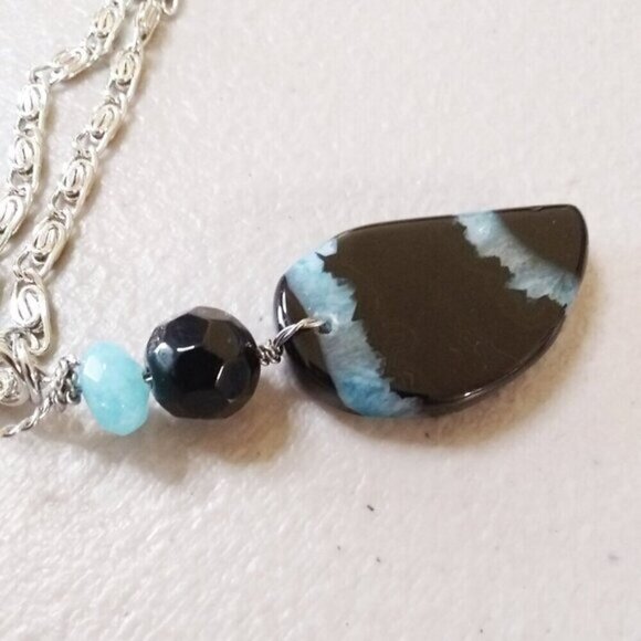 Sleek Aqua + Black Teardrop Agate Pendant + Ornate Chain - Boho Beachy Casual - Picture 5 of 10
